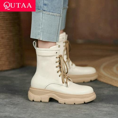 QUTAA 2022 Round Toe Square Med Heel Ankle Boots Fashion Short Chelsea Boots Platform Zipper Lace Up Women Shoes Size 34-42