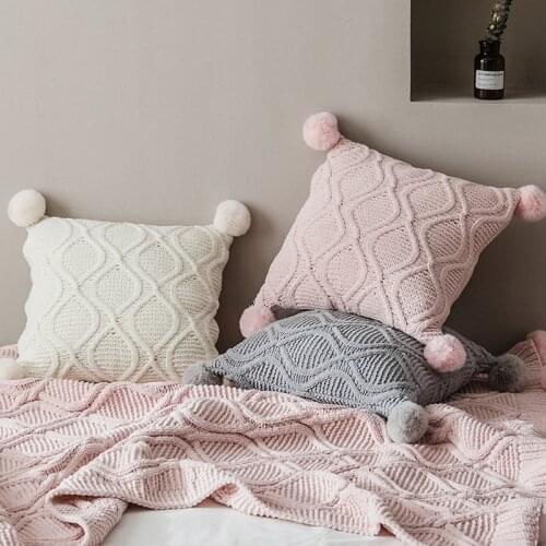 Chenille Knit Cuhion Cover 45x45cm Solid Pillow Cove Pink Grey Cream PomPom Ball Home decoration Pillow Case Square For sofa Bed