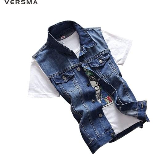 VERSMA Blue Jeans Vest Mens Waistcoats Vests of Men Denim Sleeveless Jacket Men Vest Denim Motorcycle Vest Men Jacket Coat XXXL