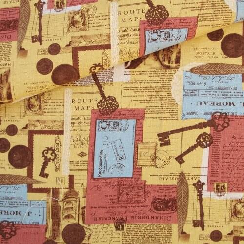 110cmx50cm Cotton Linen Fabric for handmad, bed, bag, curtain Sewing - key and English - yellow (LF340)