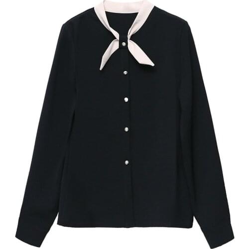 Woman Feminina WomenS Vintage Blouse Fashion Clothes 2020 Spring Autumn Black Bow Long Sleeve Shirts Female D0186