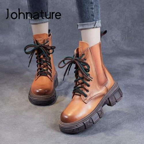 Johnature Genuine Leather Shoes Women Boots Lace-up Round Toe 2021 New Winter Sewing Leisure Handmade Concise Platform Boots