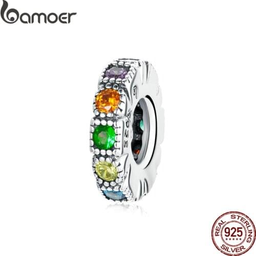 Bamoer Rainbow Stone Color Bead 925 Sterling Silver Charm Zircon Crystal for Bracelet Bangle for Women Fashion Jewelry BSC473