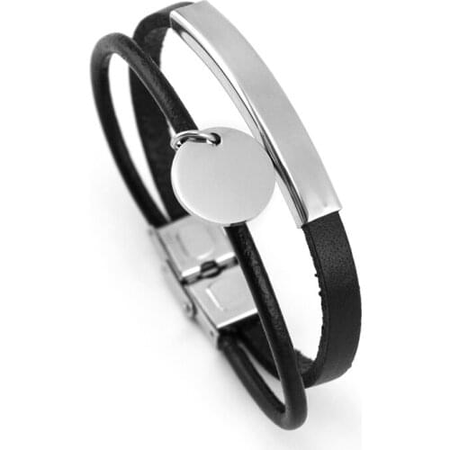 Personalized print blank disc tube double line bracelet women Genuine Leather rope black bracelets Stainless steel clasp bangle