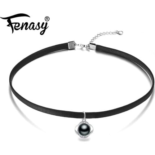 FENASY Pearl Choker Necklace Fashion Girl Women 925 Sterling Silver Trendy Freshwater Pearl Pendant Punk Style Black Rope Chain