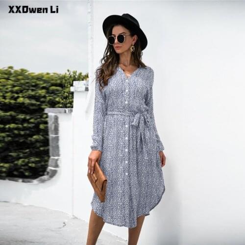 Autumn Chiffon Long Sleeve Midi Dresses For Women 2021 Casual Leopard Buttons Shirt Dress Spring High Waist Lace Up Robe Femme