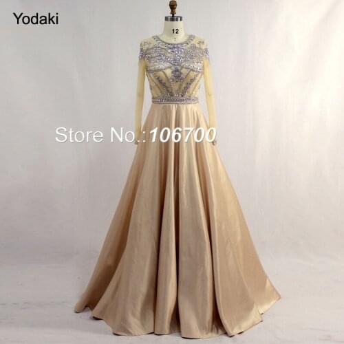 New Hand Make Crystal Beading Ballgown Evening Dresses 2018 Long Sleeves O Neck Sheer Illusion Champagne Long Pageant Prom Gowns