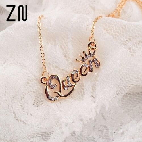 ZN 2018 Hot Necklace Jewelry For Women Alphabetical Queen Rhinestone Short Clavicle Chain Necklace Gift