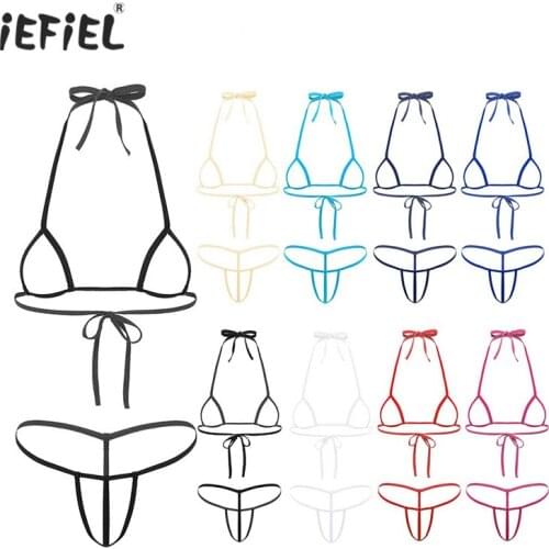 2Pcs Hot Womens Micro Bikini Thong Erotic Set Lingerie Underwear Halter Neck Self-tie Hollow Out Bra Top with G-String Nightwear