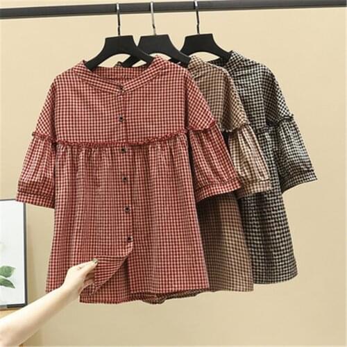 2021 Summer Fashion New Plus Size Women Clothing Loose Thin Stand-Up Collar Plaid Cotton And Linen Shirt Top Trend H085