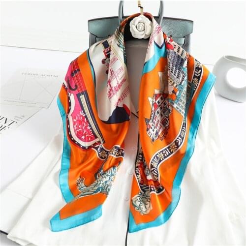 2021 New Silk Scarf Square Neck Shawl Neckerchief Wrap Music Print Design Hijab Foulard Women Bandana Spring Scarves Summer
