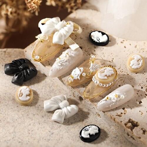 8Pcs Statue 3D Nail Decorations Frame Statues Decor Black Bowknot Nail Accessories Vintage Manicure European Style Design