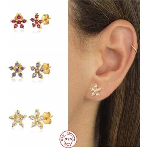 GS 925 Sterling Silver Five Zircon Flower Stud Earrings For Women Girls Crystal Piercing Ohrringe Pendiente Party Fine Jewelry