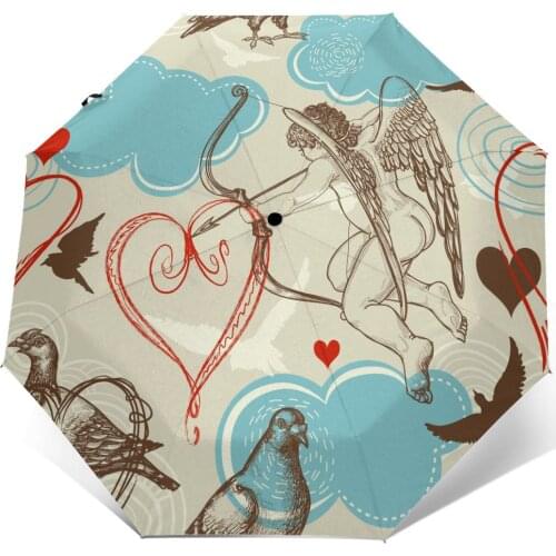 Automatic Umbrella Love Pattern Cupid And Love Birds three-fold umbrella women men rain umbrella