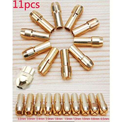 Free Shipping 11 Pieces Brass Dremel Collet Mini Drill Chucks Including 0.5/0.8/1.0/1.2/1.5/1.8/2.0/2.4/3.0/3.2mm