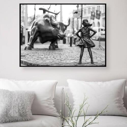 Fearless Little Girl Rhinoceros Statue Canvas Painting New York Black and White Street Poster and Prints Modern Home Decor
