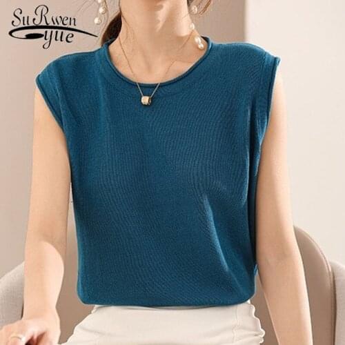 Blusa Solid Knitted Sleeveless Blouse for Women Summer New Pure Cotton Women Blouse O-Neck Pullover Loose Short Shirt 14646