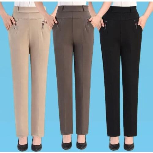 Summer Middle-aged Women Stretch Casual Pants Women Plus size Elastic waist Trousers High waist Straight Pants Mother Clothing