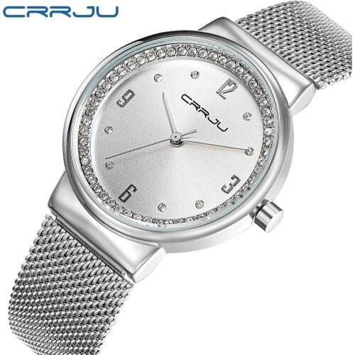 New Top brand CRRJU watch women luxury dress full steel watches fashion casual Ladies quartz watch silver Female table clock