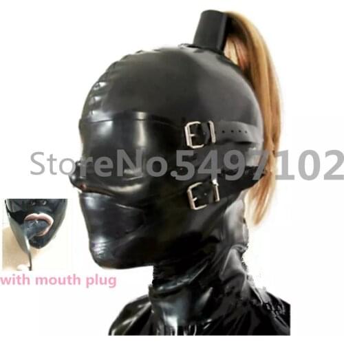 Hot Black Latex Mask Rubber Hood with top hair Rubber Hood with Eyeshade eyes cover and mouth Gags with back zipper