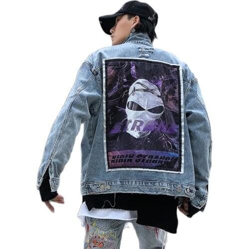 2021 Funny Alien Print Patchwork Denim Jacket Men Cotton Hip Hop Jeans Outerwear Streetwear Vintage Clothes Casaca Jean Hombre