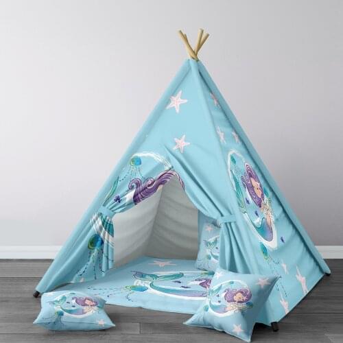 Play Tent for Kids Wigwam Portable Indoor Playground Tents Children Bedrooms Light Blue Mermaid Starfish Model 222