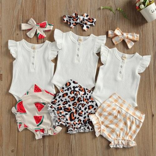 0-18M Baby Girl Clothing Set Ribbed Romper and Print Shorts and Headwear Three-piece Suit for Summer
