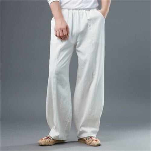 Summer Mens Cotton Linen Pants Cool Solid Wide Leg Trousers Breathable Soft Pants Man Casual Long Trousers Plus Size M-8XL