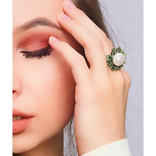 Best Mothers gift Pearl Ring Green crystal Gun black Jewellery High quality Finger Rings Wifes Jewelry