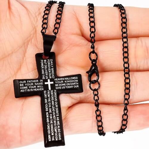 Black Cross Letter Metal Necklace Creative Jesus Religious Punk Necklace Mens Cross Pendant Birthday Gift for Friends Family