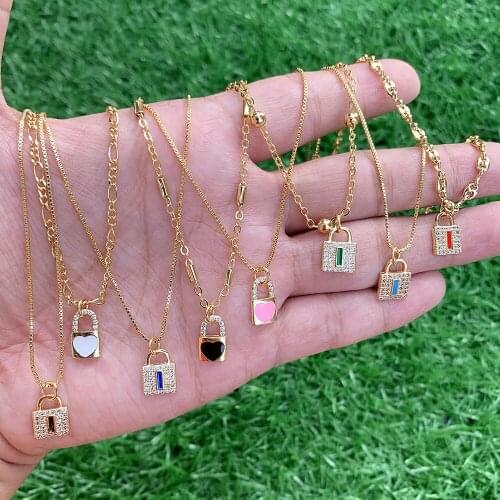 Korean Style Minimalist Stackable Wholesale Jewellery Gold Plated Cz Designer Lock Pendant Gold Chain Necklace