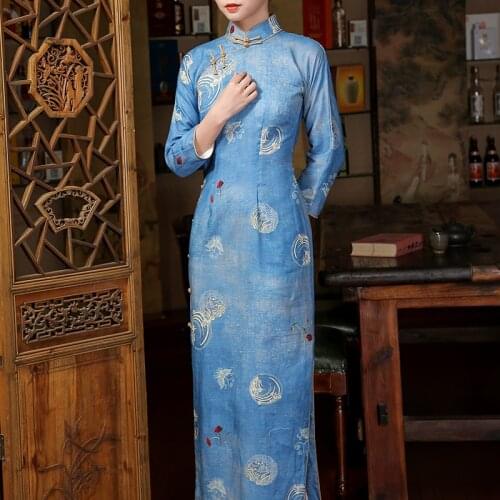 Oriental Dress blue Printing HempCheongsams Plus Large Size Middle Sleeve Qipao Dresses Retro Long Cheongsam Dress Woman Costume