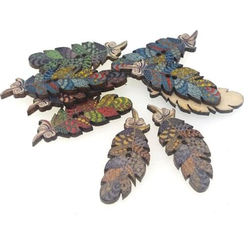 30PCs 40*15mm Wooden Sewing Buttons Scrapbooking Indian feather 2 Holes buttons for clothing decorative flat back W2063