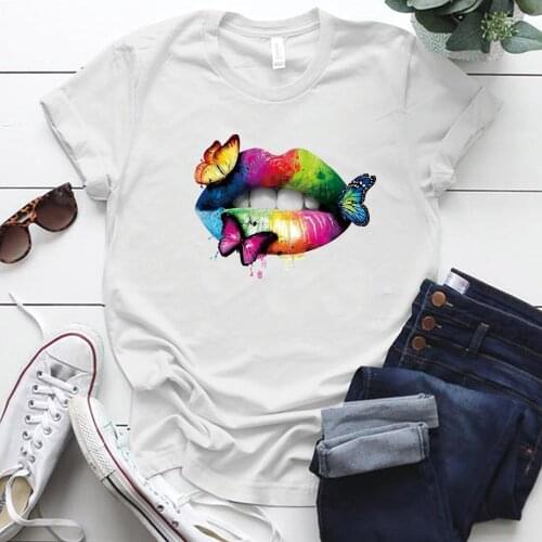 Sexy Lips Colorful Butterfly Lip Print Funny Women Tshirt Short Sleeve Casual Summer Shirt Woman Tops Clothes Kobiety Bluzki