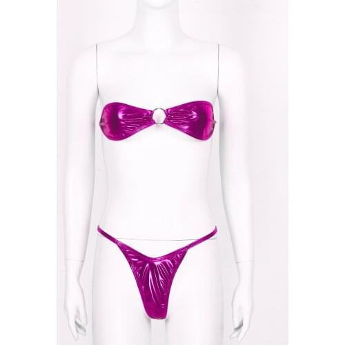 Sexy Womens Femme Exotic Sets Shiny Metallic Bikini Lingerie Set Strapless Tie Back Mini Bra Top with Thong G-String Briefs