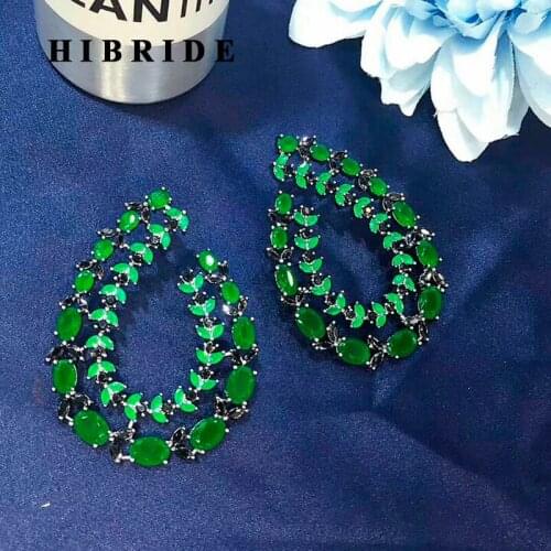 HIBRIDE Beautiful Olive Branch Green Cubic Zirconia Women Stud Earring Trendy European Style Earring Brincos Female Gifts E-554