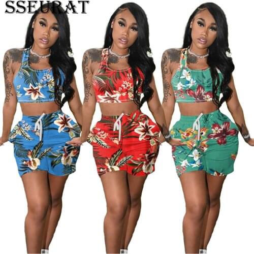 SSEURAT Women Floral Leaf Sweatsuit High Streetwear Shorts and Tank Tops Matching Two 2 Piece Set Active Jogger Tracksuit Outfi