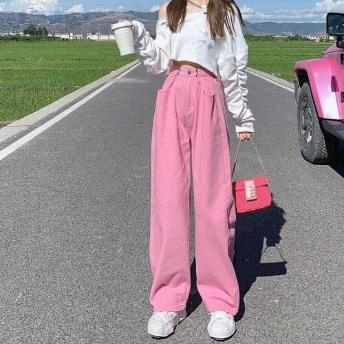 High Waist Jeans Women Fall New Style Adjustable Waist Wide Leg Pants Candy Color Thin Denim Trousers Women Fashion Jeans 600