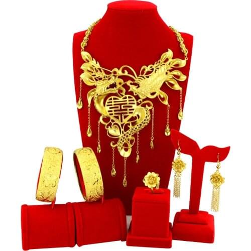 Elegant Yellow Gold Plated Necklace Jewelry Sets For Women Gold Bridal Wedding Accessories Necklace Bangle Ring Earring Jewelry