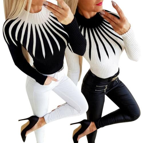 High Street Sexy Office Lady Women Winter Warm Long Sleeve High neck Slim fit Color Matching Pullover Jumper Sweater Clothing
