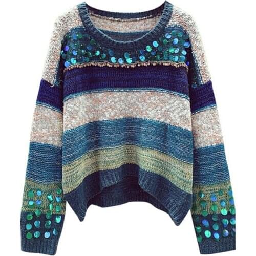 Fashion Hand-nailed Pearl Sequins Color Stripes Sweater Girls Lady Knitting Pullover Fall Winter New Leisure Knitted Sweater