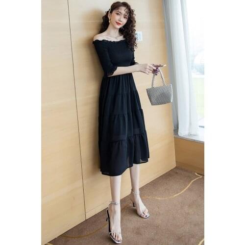 Casual Short Sleeve Off shoulder Chiffon Midi Dresses Temperament elegant solid Women Summer Dress black dress