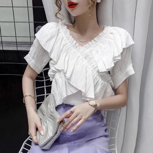 2021 summer new style super fairy and sweet ruffled v-neck blouse short-sleeved off-the-shoulder chiffon shirt women casual