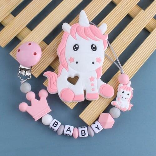 2Pcs/set Newborn Baby Silicone Pacifier Chain with Unicorn Teether Toys Infant Kids Anti-drop Chain Pacifier Clips Holder