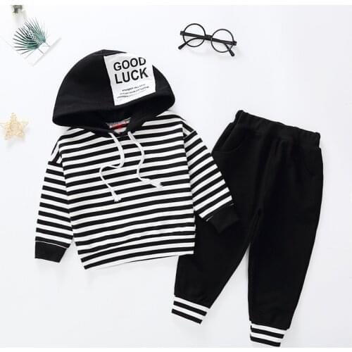 ZWF498 Children Two-piece Clothes Set Girls Boys Letter Printed Pattern Hooded Pullover and Long Pants Outfits Tracksuits
