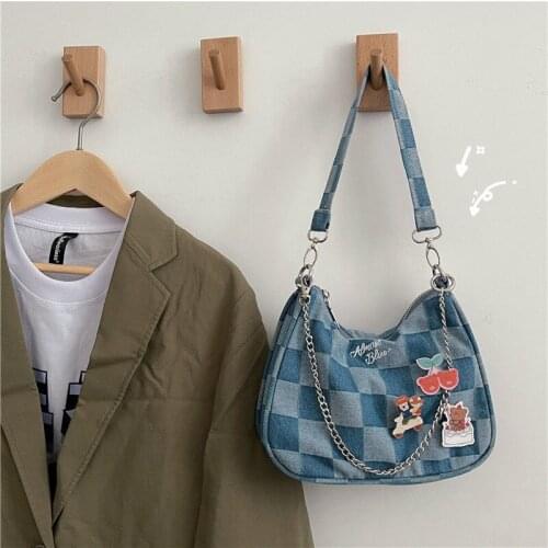 Denim Plaid Girl Bag Retro Hand Chain Underarm Bag Girl Shoulder Bag Fashion Messenger Bag Ladies Denim Messenger Bag