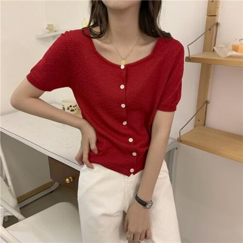 2021 Summer T-shirt New Thin Cardigan Short Sleeve Breasted Top Knitted Bottoming Shirt Womens Knitwear summer