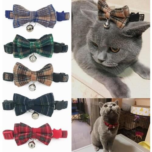 Pet Cat England Syle Bowtie Collar Cats Bow Tie with Bell Lattice Type Necktie for Small Cat Puppy Kitty Pet Accessory