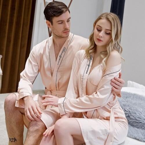 Female Silk Kimono Robe Lovers Couple Nightgown Bath Gown Sleepwear Men Large Nightwear Soft Bathrobe Satin Nightgown