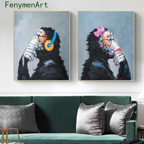 Gorilla DJ Canvas Paintings Thinking Gorilla Poster Print Colorful Graffiti Animal Wall Art Modern Pictures for Room Home Decor